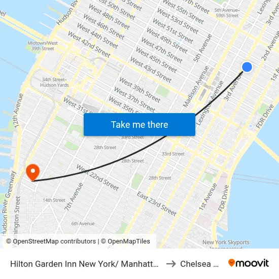 Hilton Garden Inn New York/ Manhattan Midtown East to Chelsea Market map