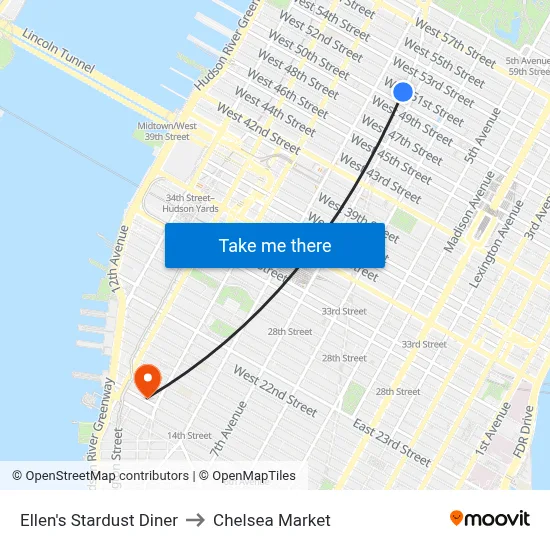 Ellen's Stardust Diner to Chelsea Market map