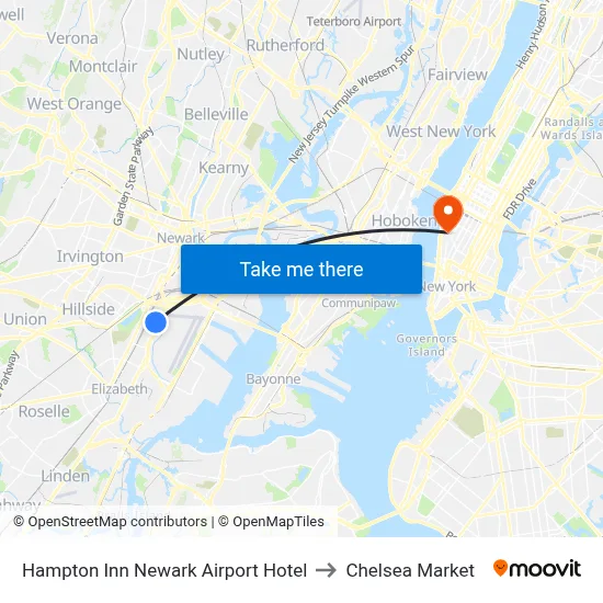 Hampton Inn Newark Airport Hotel to Chelsea Market map
