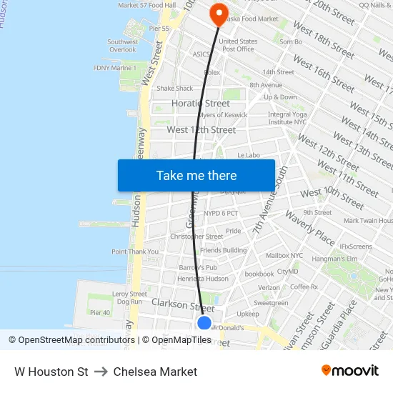 W Houston St to Chelsea Market map