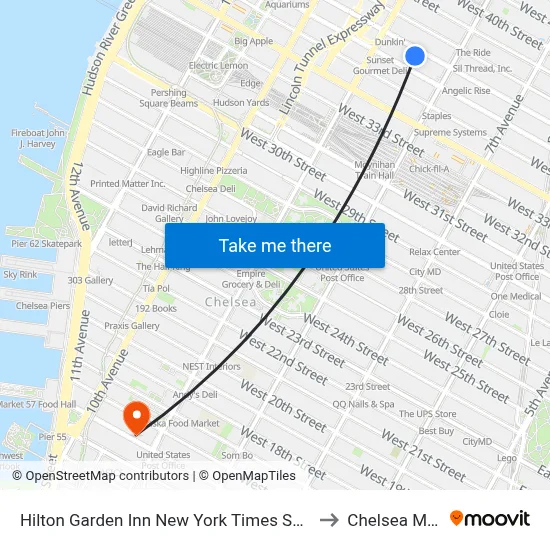 Hilton Garden Inn New York Times Square South to Chelsea Market map