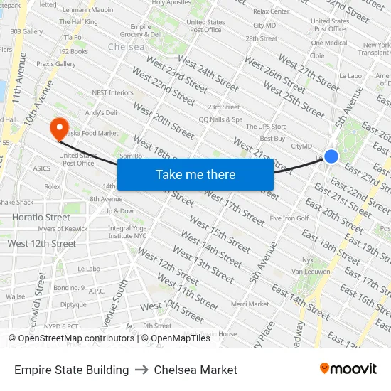 Empire State Building to Chelsea Market map
