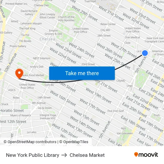 New York Public Library to Chelsea Market map