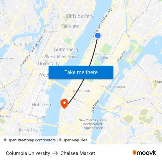 Columbia University to Chelsea Market map