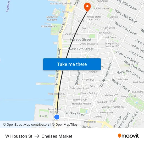W Houston St, New York (New York City), NY 10014 to Chelsea Market map
