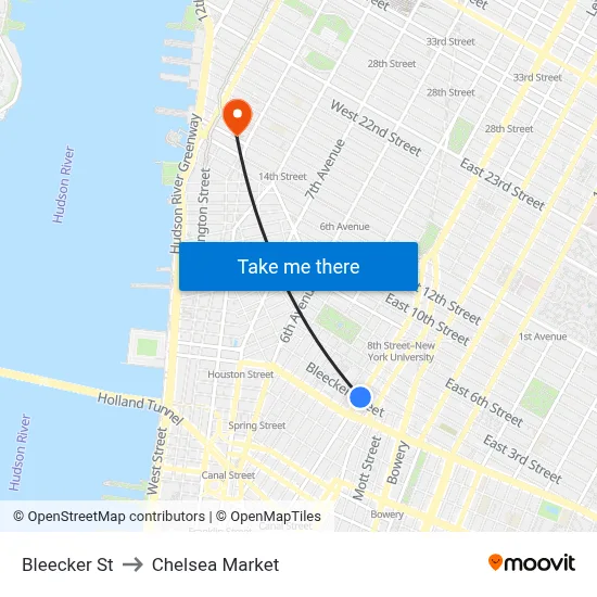 Bleecker St, New York, NY 10012 to Chelsea Market map