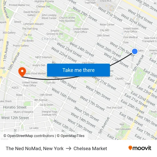 The Ned NoMad, New York to Chelsea Market map