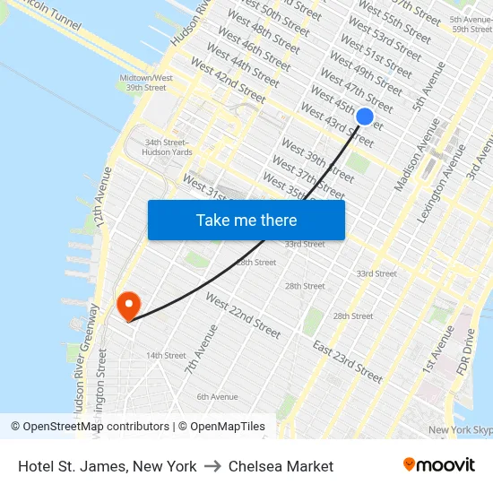 Hotel St. James, New York to Chelsea Market map