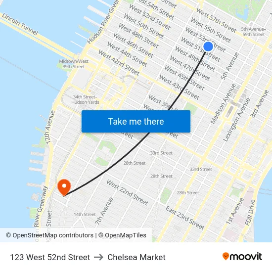 123 West 52nd Street to Chelsea Market map