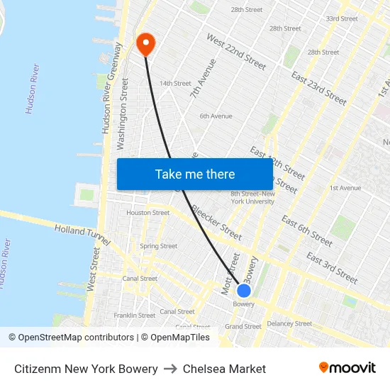 Citizenm New York Bowery to Chelsea Market map