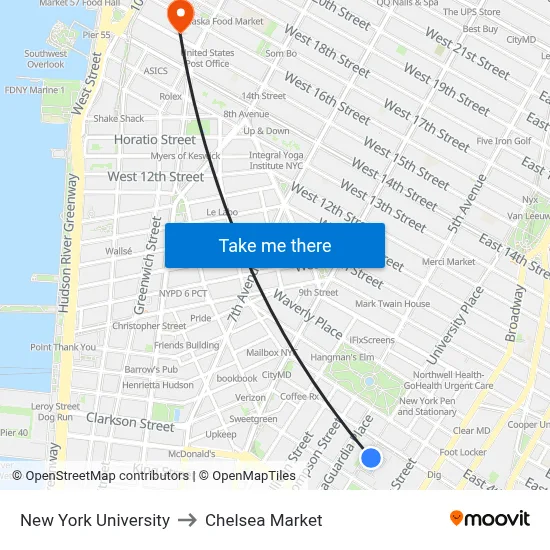 New York University to Chelsea Market map