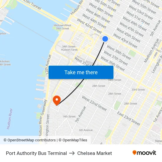 Port Authority Bus Terminal to Chelsea Market map