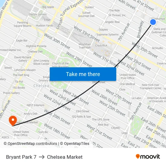 Bryant Park 7 to Chelsea Market map