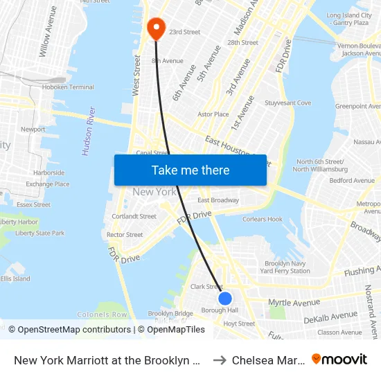 New York Marriott at the Brooklyn Bridge to Chelsea Market map