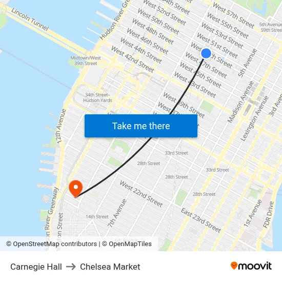 Carnegie Hall to Chelsea Market map