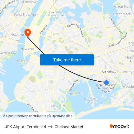 JFK Airport Terminal 4 to Chelsea Market map