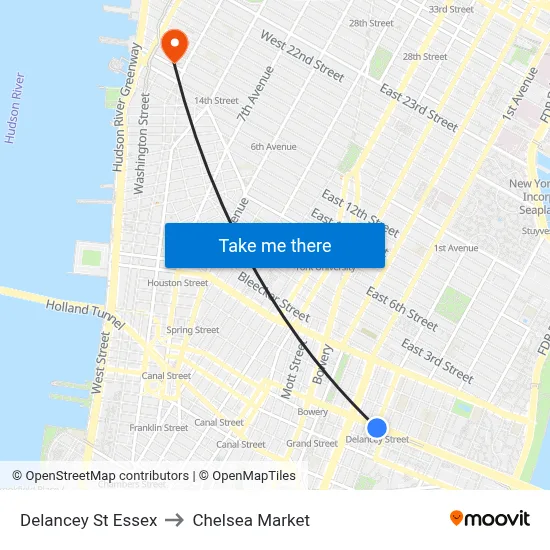 Delancey St Essex, New York, NY 10002 to Chelsea Market map