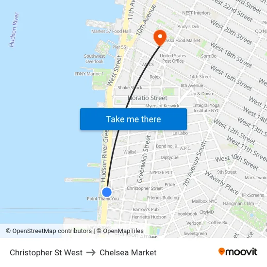 Christopher St West to Chelsea Market map