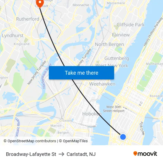 Broadway-Lafayette St to Carlstadt, NJ map