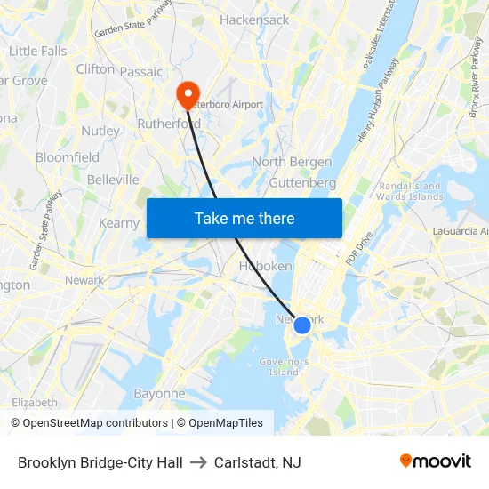Brooklyn Bridge-City Hall to Carlstadt, NJ map