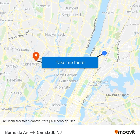 Burnside Av to Carlstadt, NJ map