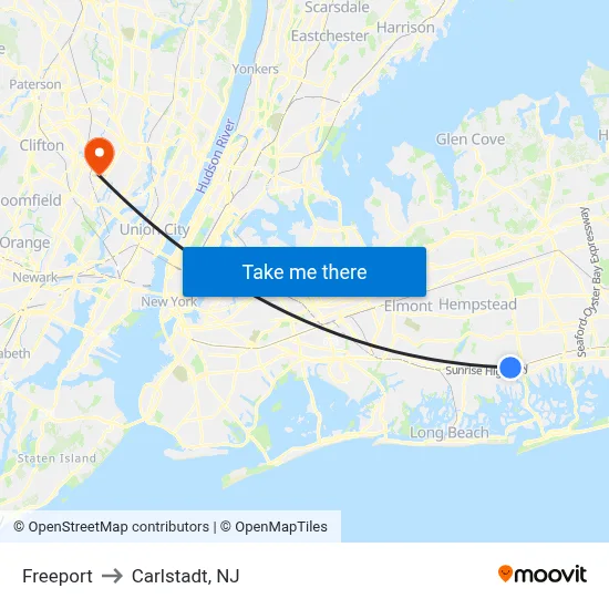 Freeport to Carlstadt, NJ map