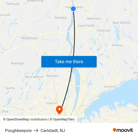 Poughkeepsie to Carlstadt, NJ map