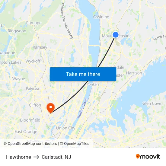 Hawthorne to Carlstadt, NJ map