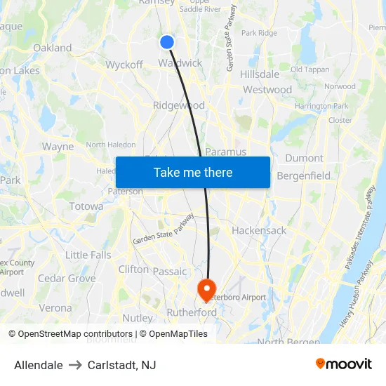 Allendale to Carlstadt, NJ map