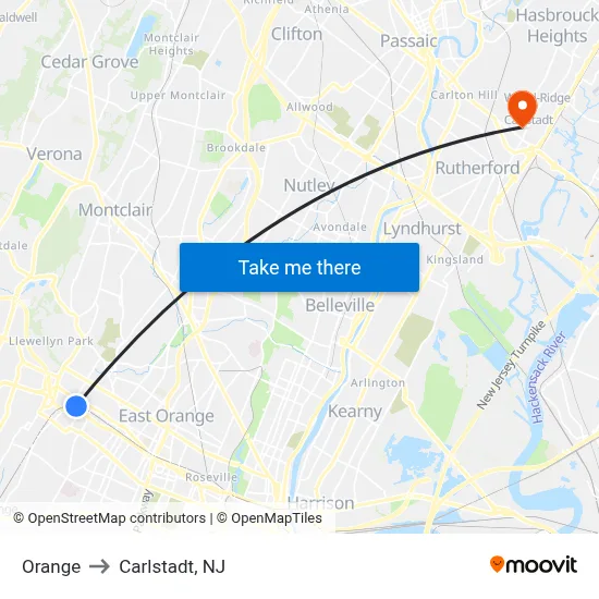 Orange to Carlstadt, NJ map