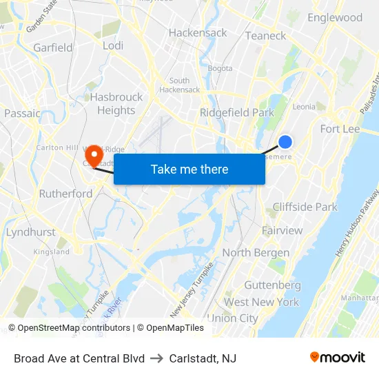 Broad Ave at Central Blvd to Carlstadt, NJ map