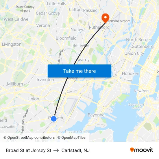 Broad St at Jersey St to Carlstadt, NJ map