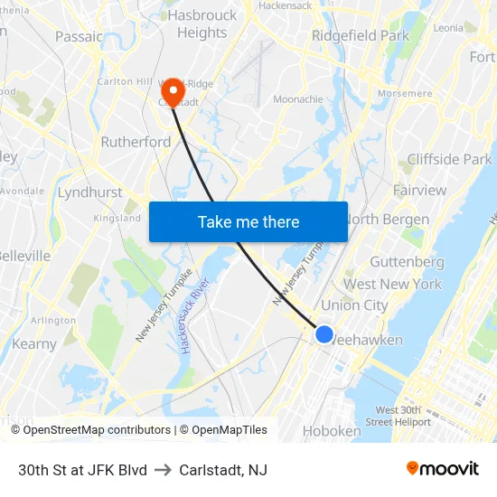 30th St at JFK Blvd to Carlstadt, NJ map