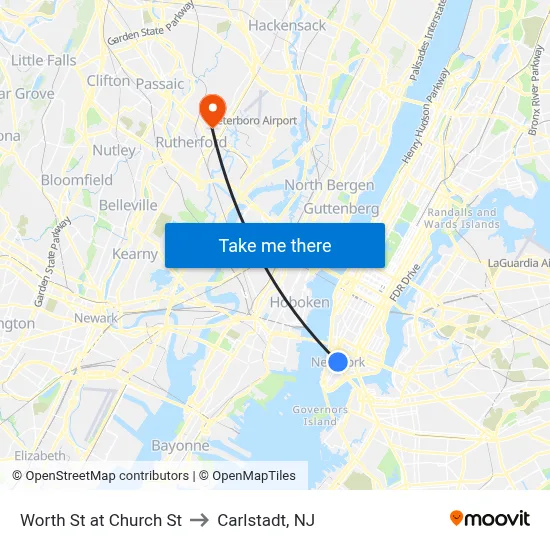 Worth St at Church St to Carlstadt, NJ map
