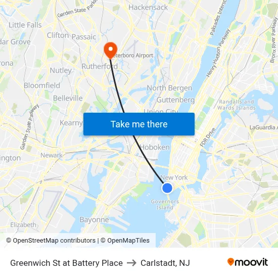 Greenwich St at Battery Place to Carlstadt, NJ map