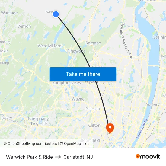 Warwick Park & Ride to Carlstadt, NJ map