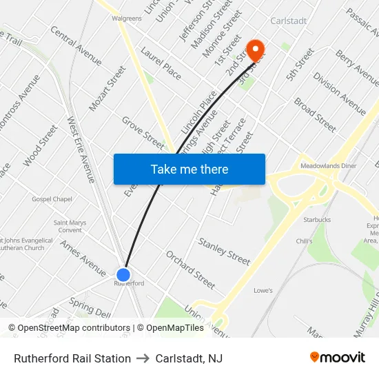 Rutherford Rail Station to Carlstadt, NJ map