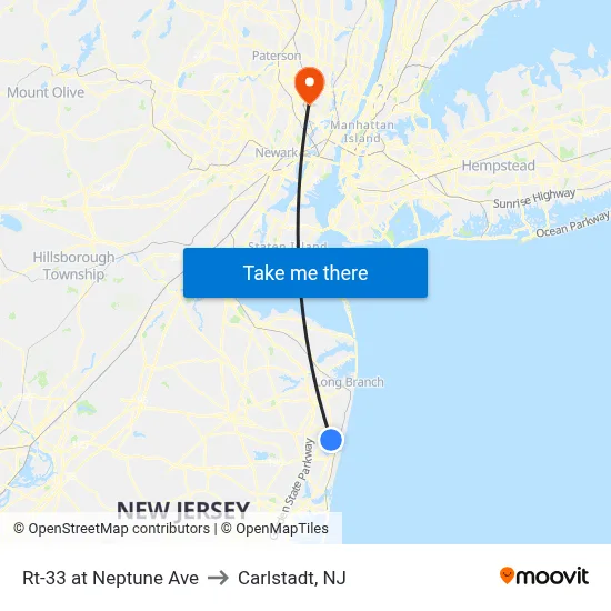 Rt-33 at Neptune Ave to Carlstadt, NJ map