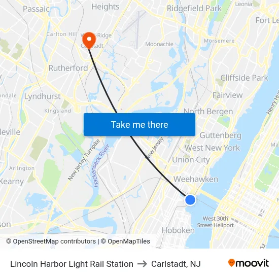 Lincoln Harbor Light Rail Station to Carlstadt, NJ map