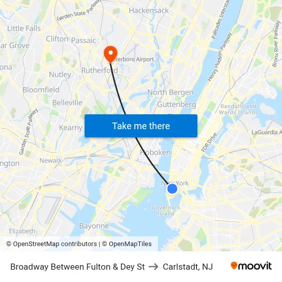 Broadway Between Fulton & Dey St to Carlstadt, NJ map