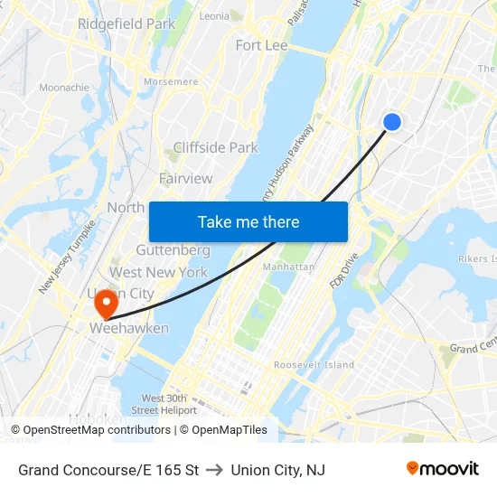 Grand Concourse/E 165 St to Union City, NJ map