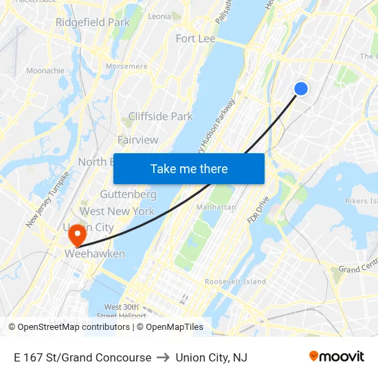 E 167 St/Grand Concourse to Union City, NJ map