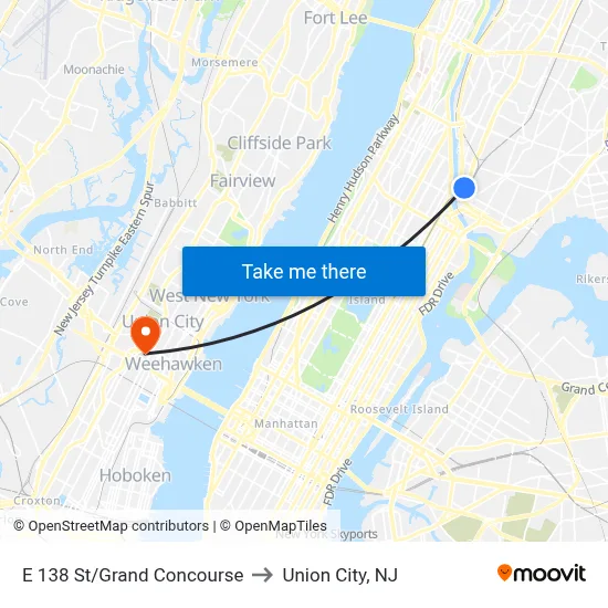 E 138 St/Grand Concourse to Union City, NJ map