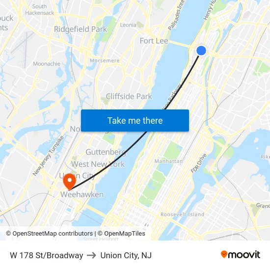 W 178 St/Broadway to Union City, NJ map