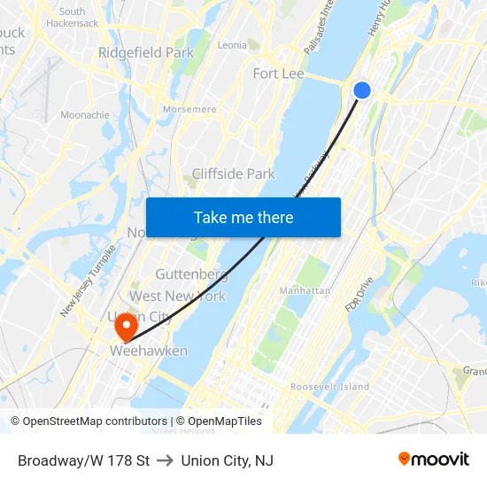 Broadway/W 178 St to Union City, NJ map
