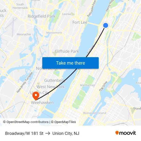 Broadway/W 181 St to Union City, NJ map