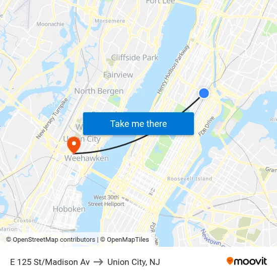 E 125 St/Madison Av to Union City, NJ map