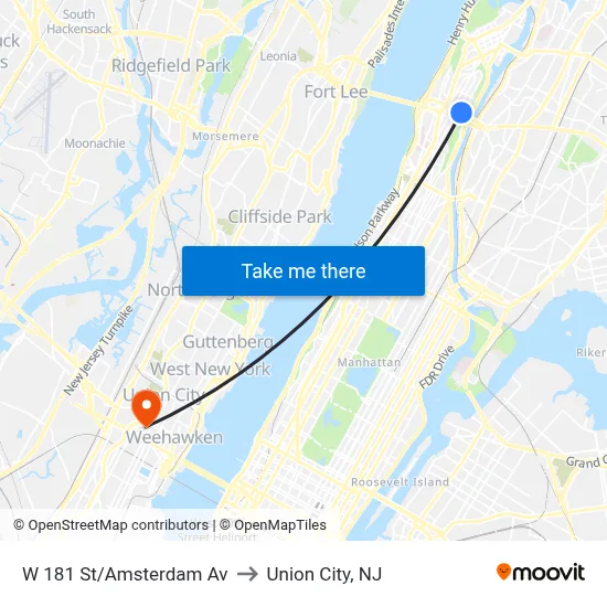W 181 St/Amsterdam Av to Union City, NJ map
