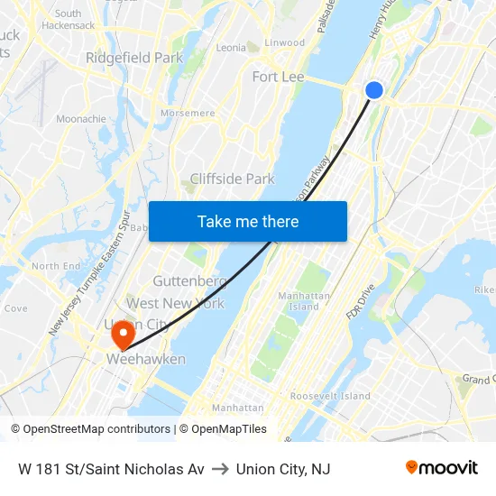 W 181 St/Saint Nicholas Av to Union City, NJ map