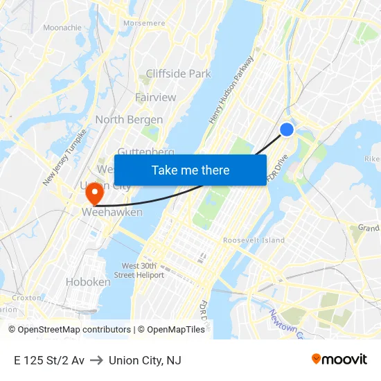 E 125 St/2 Av to Union City, NJ map